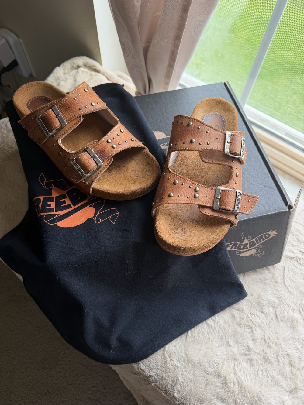 Freebird Asher Tan Studded Double Buckle Slide Sandals